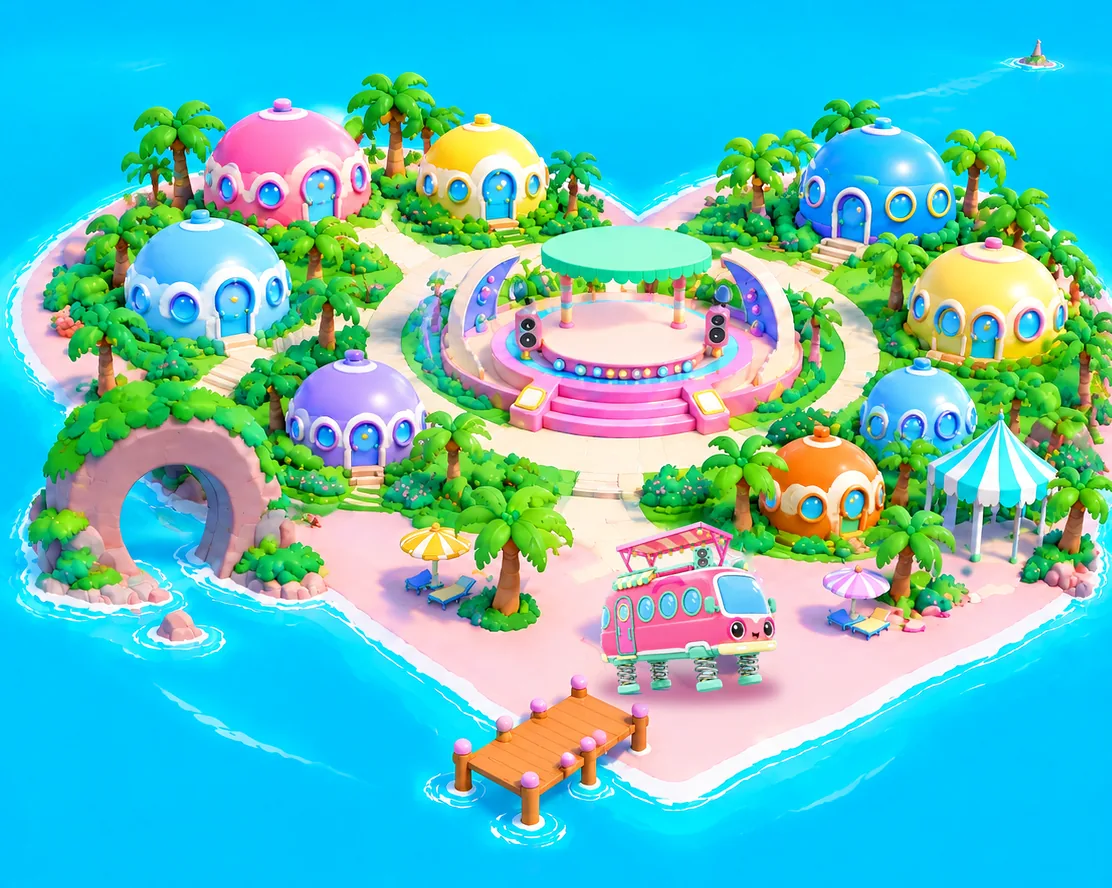 Saltalandia from above: a heart-shaped island with round dome houses, a big round stage, palm trees and the Boing Bus
