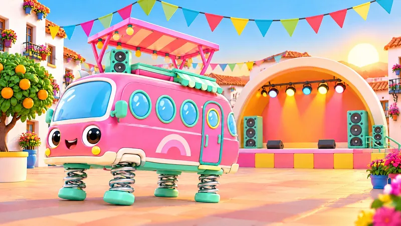 The Boing Bus parked in a sunny Spanish square with a stage